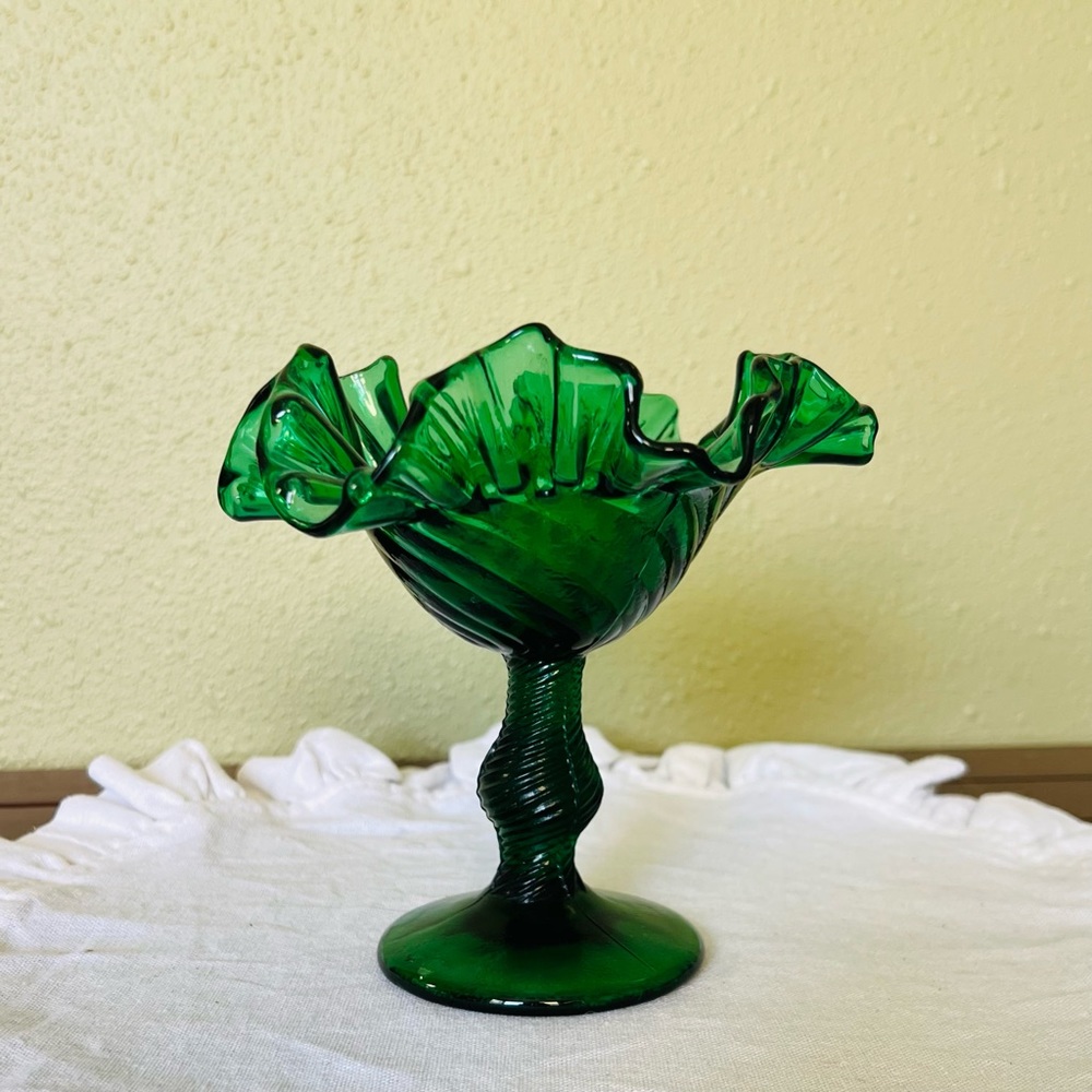 Dark Green Glass Thumbprint Ruffle Compote Candy Dish